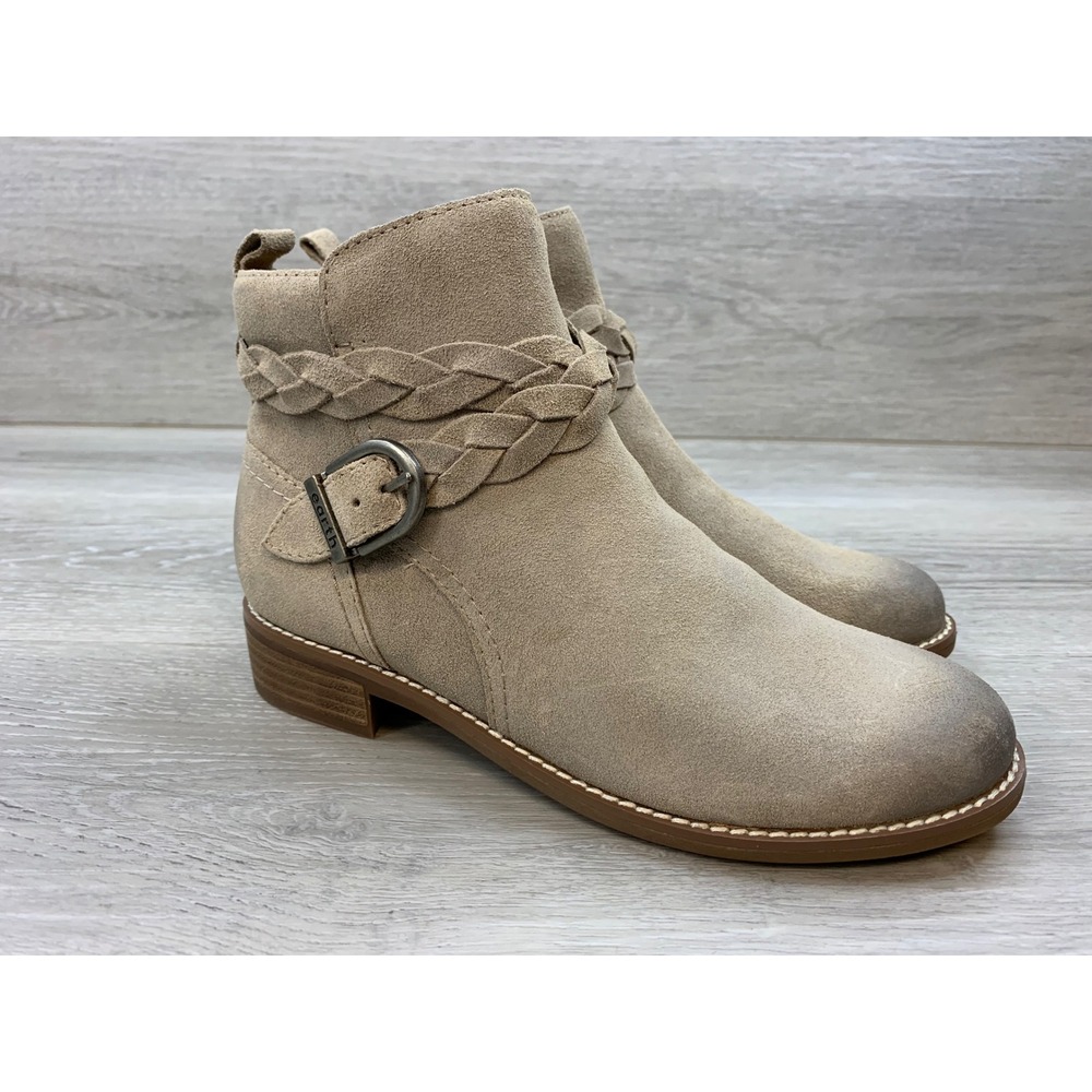 Earth Nicole Taupe Suede Braided Ankle Boots Women's 6.5 Low Block Heel Booties